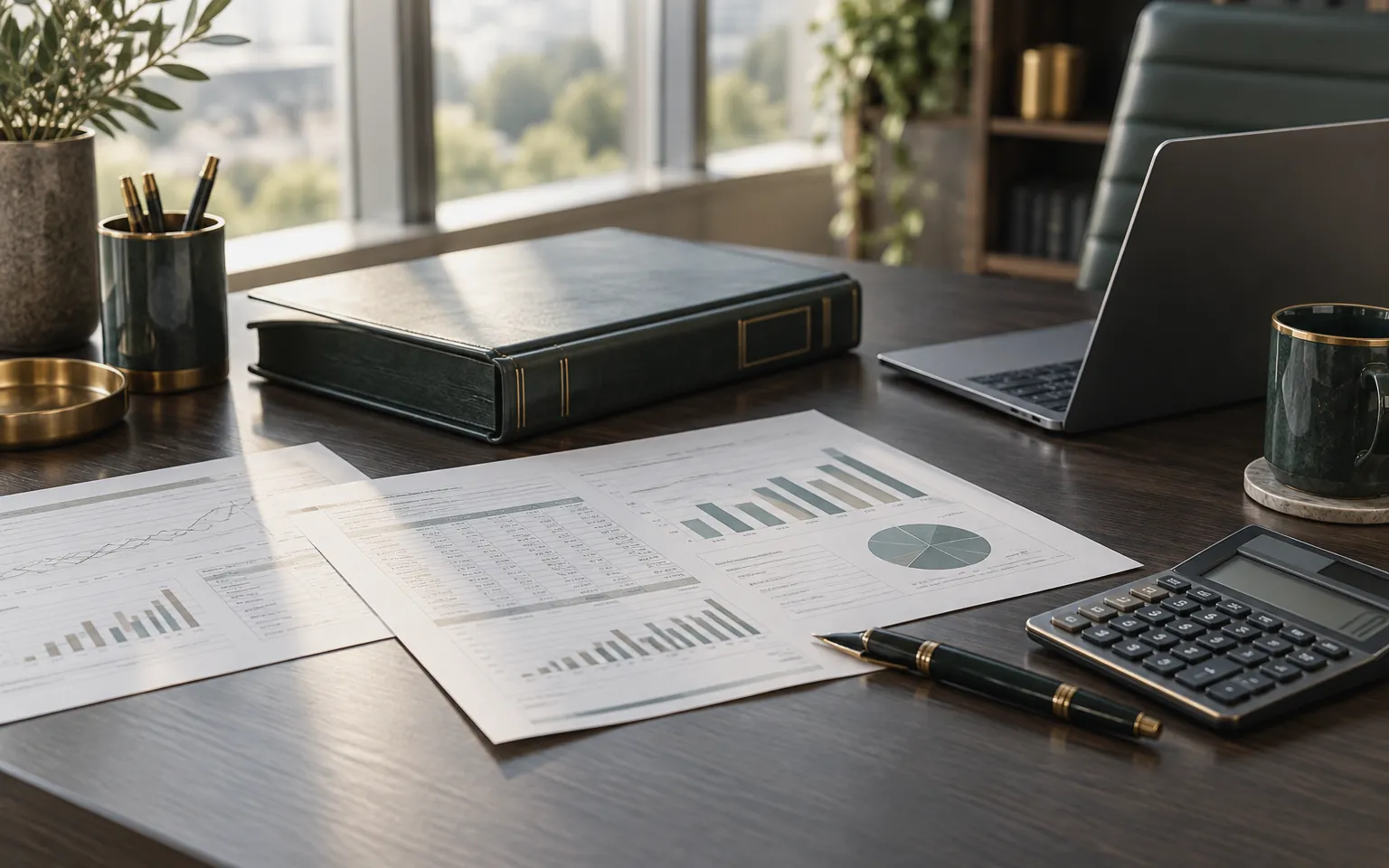 Financial statements, a ledger and a calculator on a desk