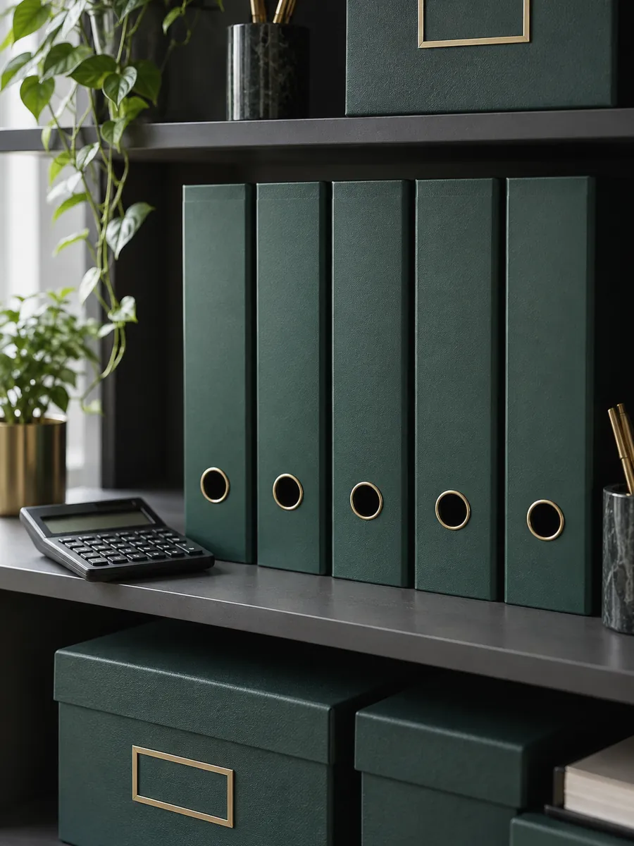 Office shelf of green archive boxes and lever-arch binders holding financial records