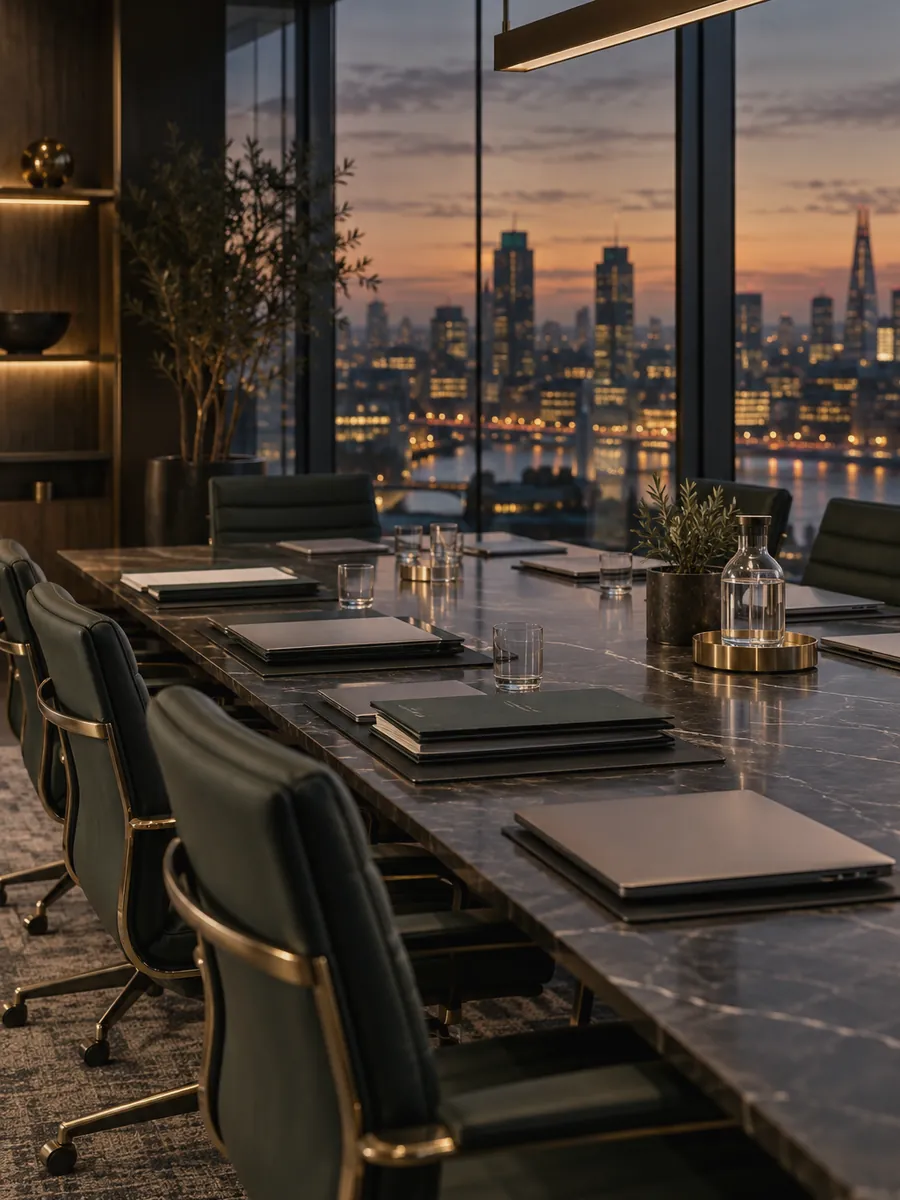 Boardroom at dusk set up for a transaction due diligence review