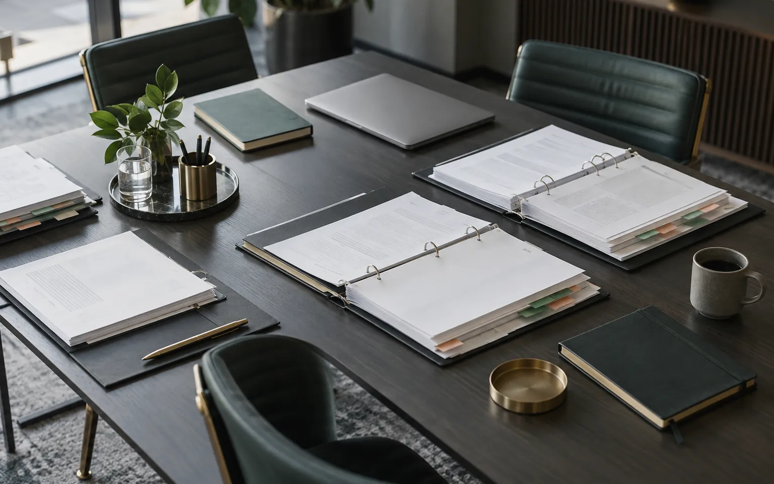 Meeting table prepared for an audit review, with open binders and tabbed documents