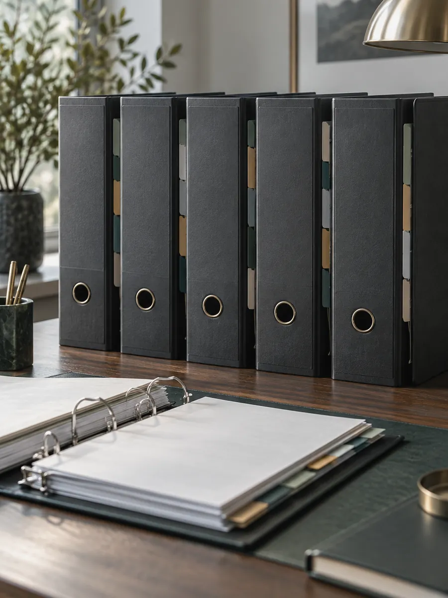 Row of indexed audit binders with one open file in front