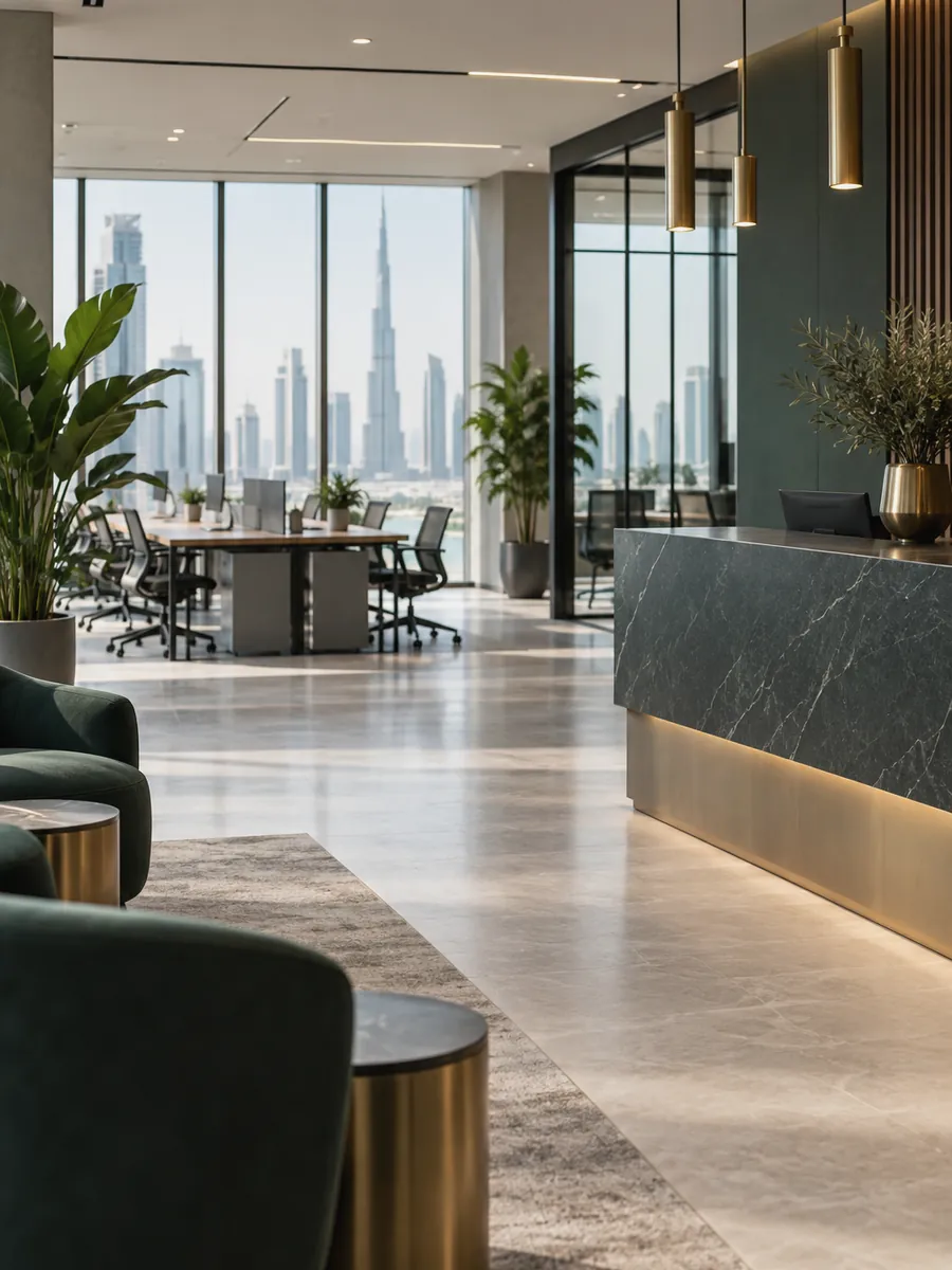 Bright, empty business centre with shared desks and a reception counter