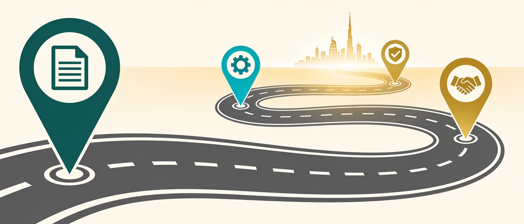 Illustration of a winding road with four checkpoints, representing the e-invoicing readiness roadmap.