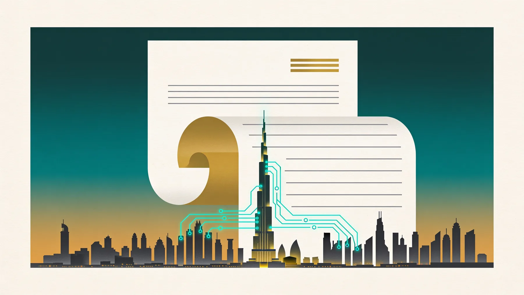 Illustration of a digital invoice rising over the Dubai skyline, representing the UAE's shift to structured e-invoicing.