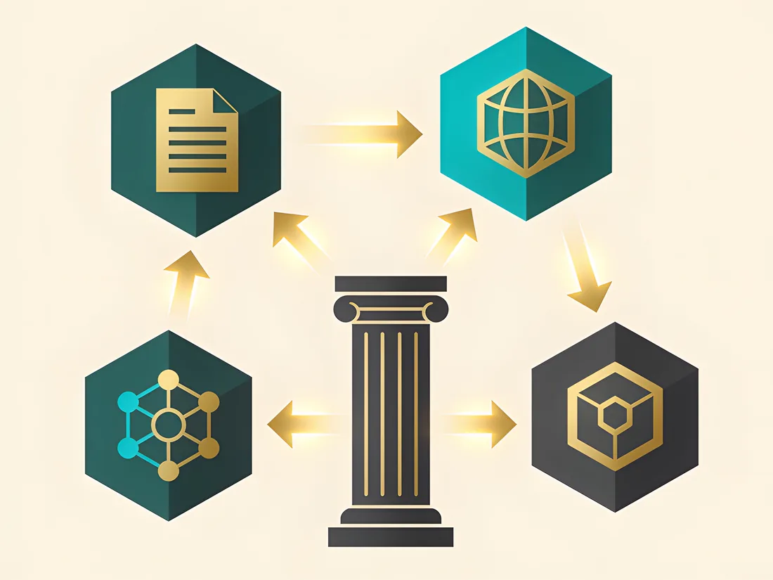 Pictogram of a document, a global network, a connected data graph, and an authority pillar linked by arrows, representing the e-invoicing exchange network.