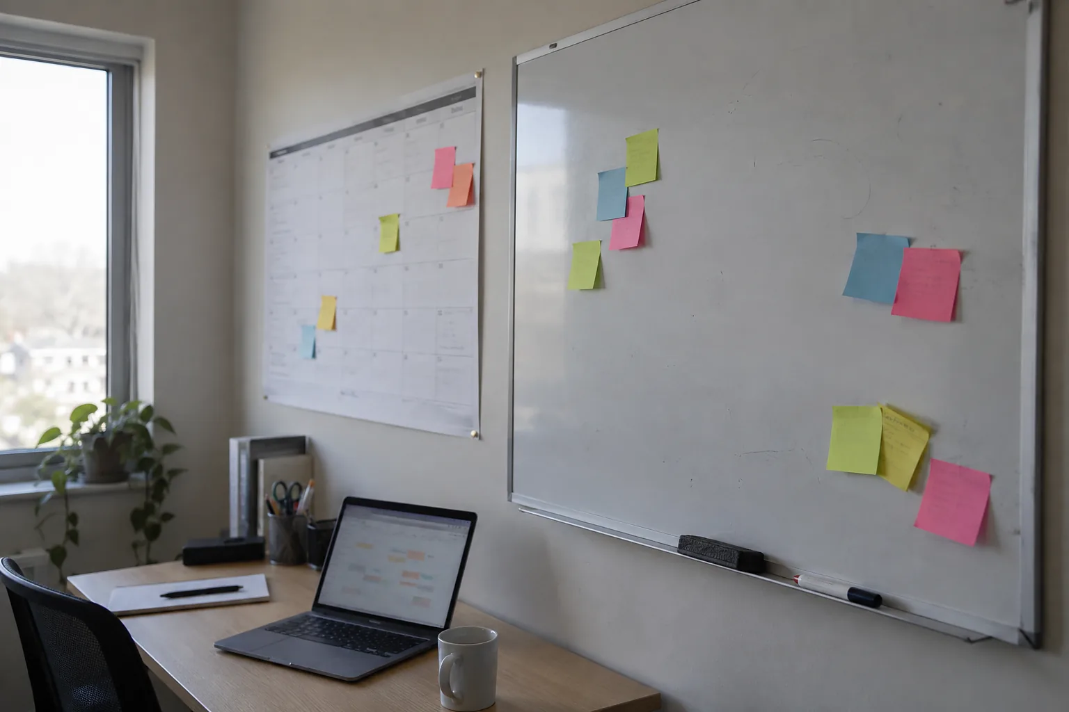 A whiteboard and wall calendar marked up with sticky notes, used to plan the steps to an e-invoicing deadline.