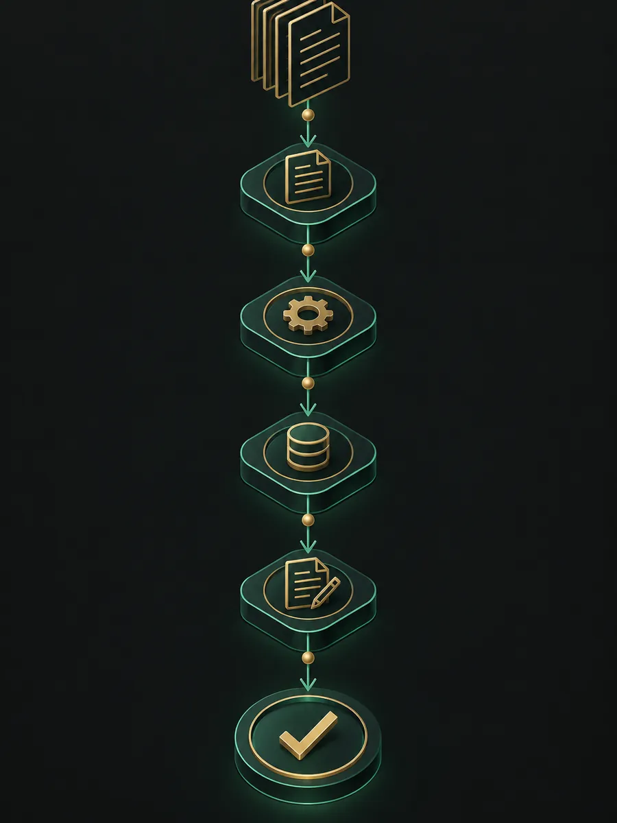 Illustration of documents passing through automated steps to an approved check mark