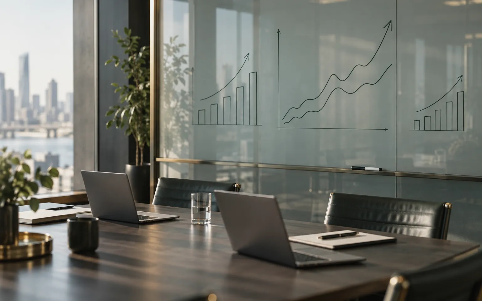 Meeting room glass wall with hand-drawn growth charts above a working table