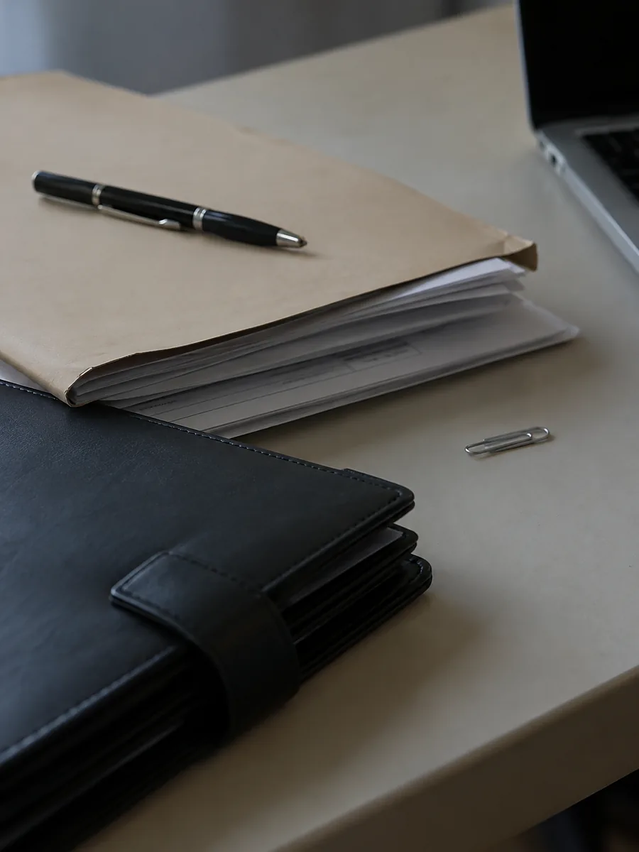 A file of loan application paperwork with a pen resting on the folder