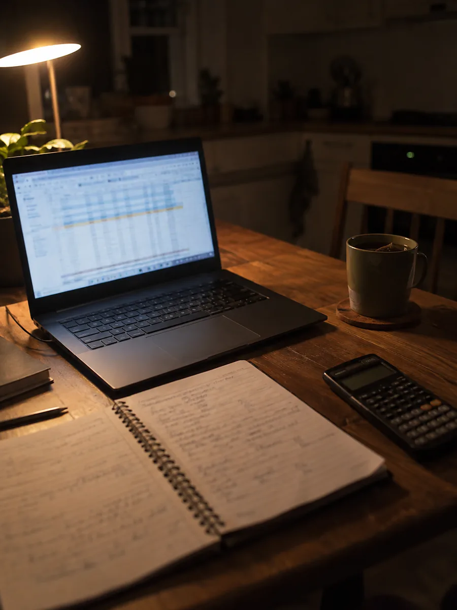 A financial model open on a laptop late in the evening, with workings in a notebook alongside