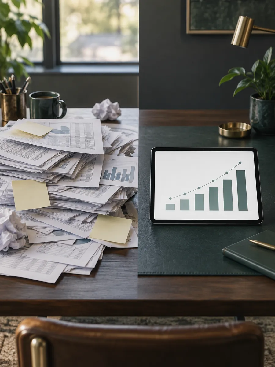 Pile of printed spreadsheets next to a tablet showing one clear chart