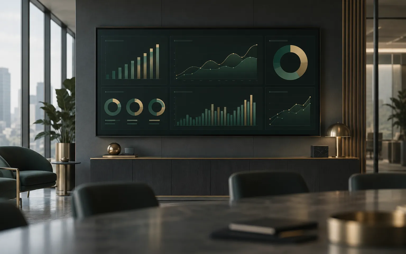 Management dashboard with bar, line and ring charts on an office wall display