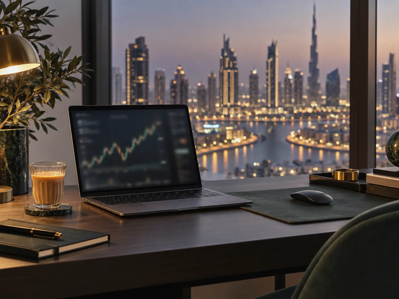 Evening desk by a window with a laptop showing a market chart and a glass of karak tea