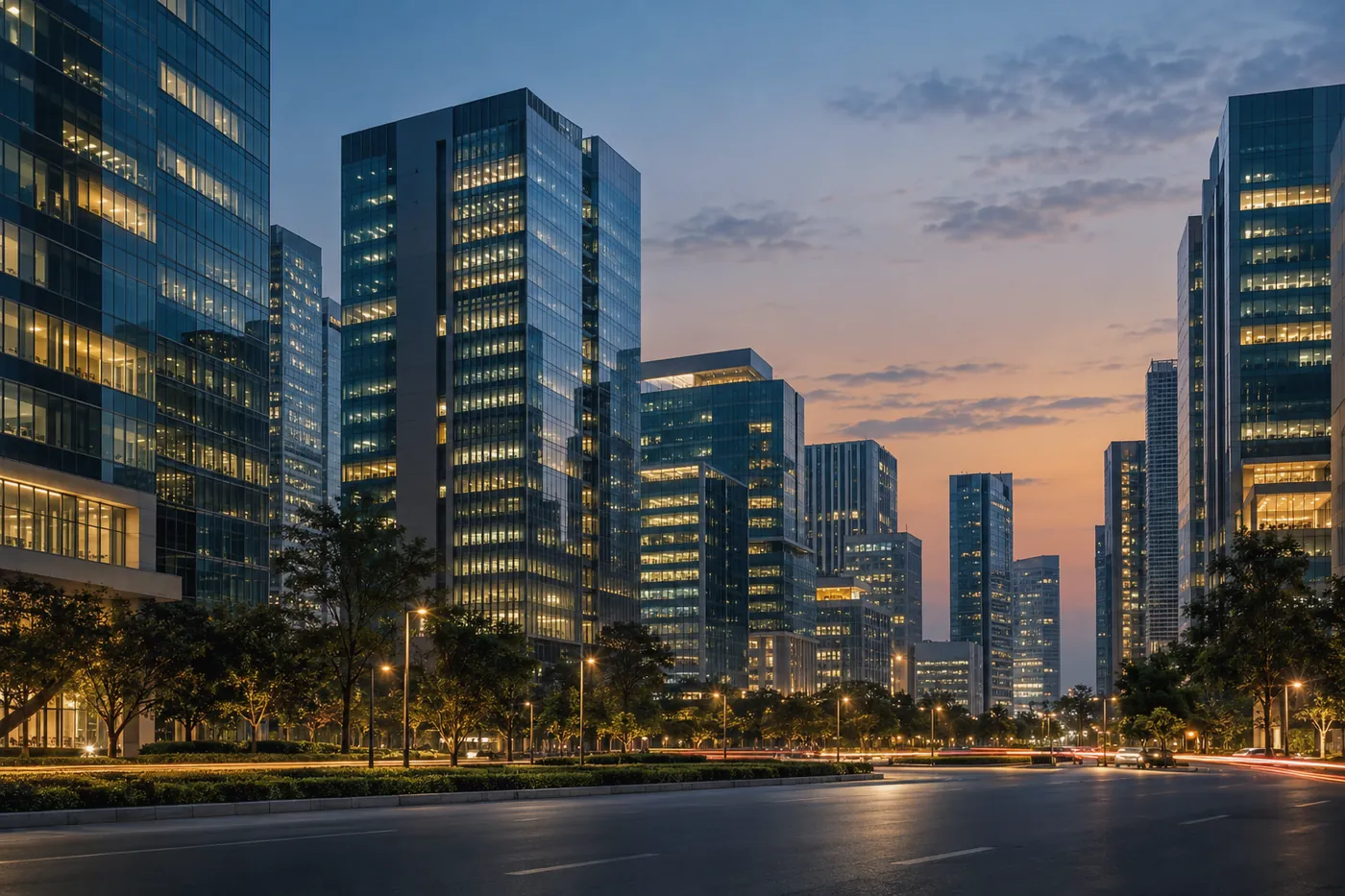 Modern office towers in an Indian financial district at dusk