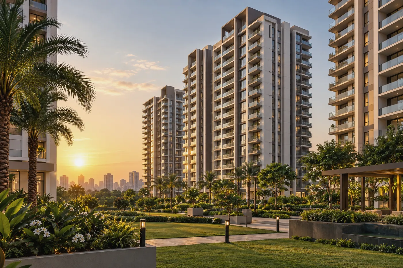 Residential apartment towers with landscaped gardens at sunset