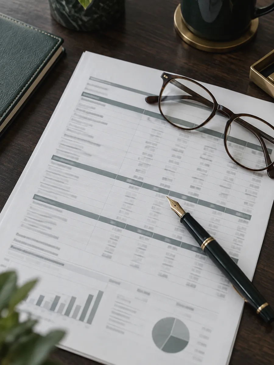 Printed tax computation worksheet with reading glasses and a fountain pen