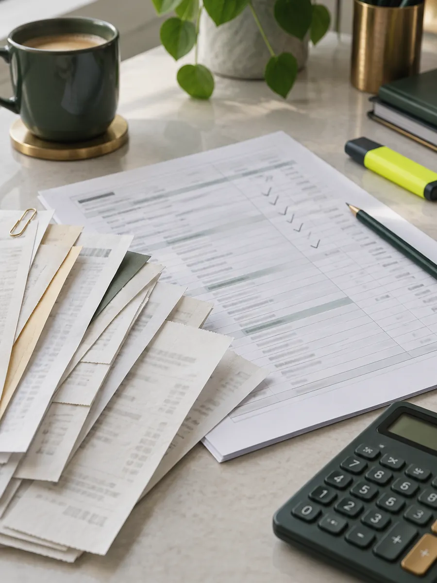 Receipts and invoices beside a VAT reconciliation sheet and a calculator