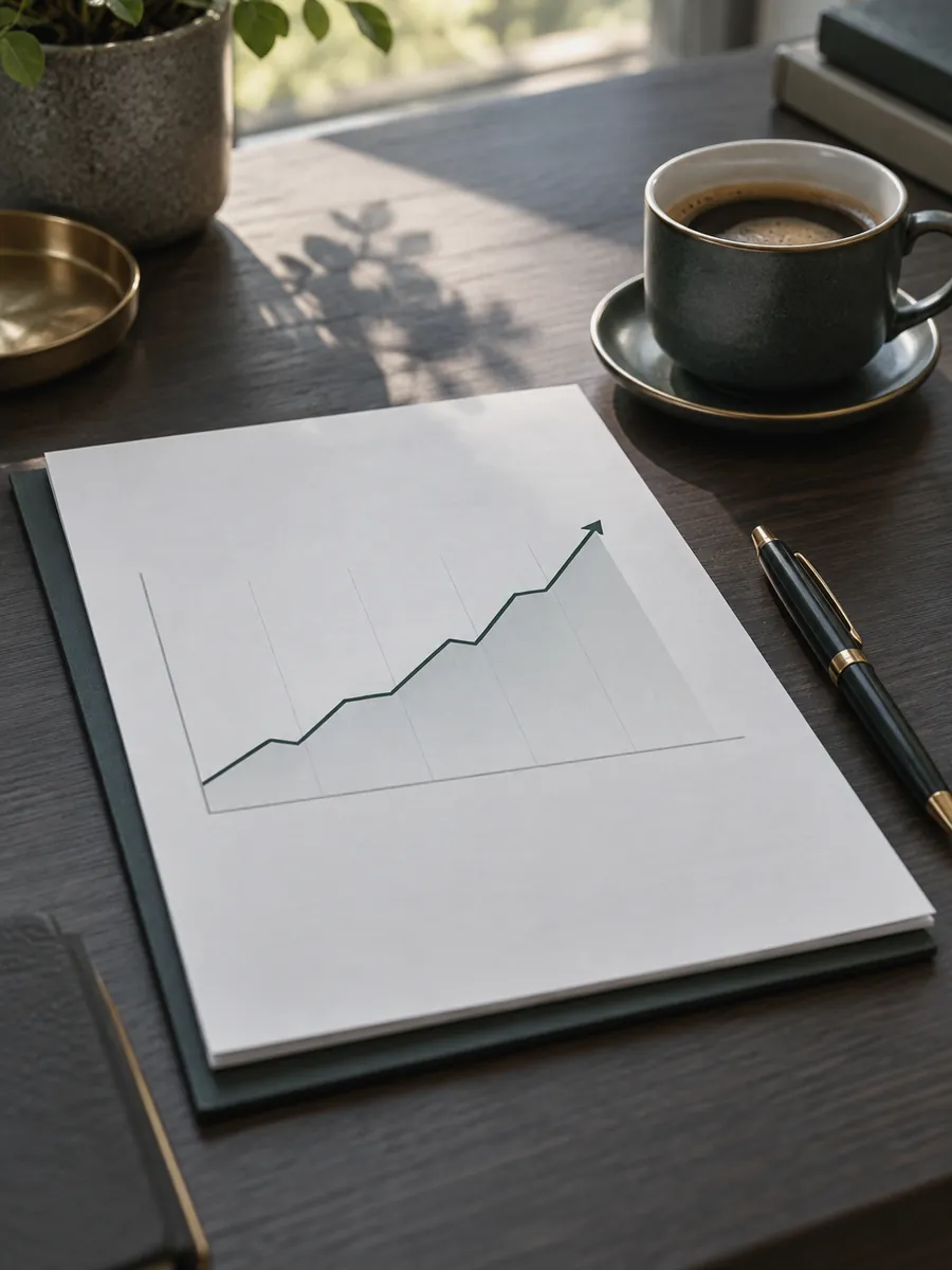 Printed forecast report with a rising line chart beside a cup of coffee