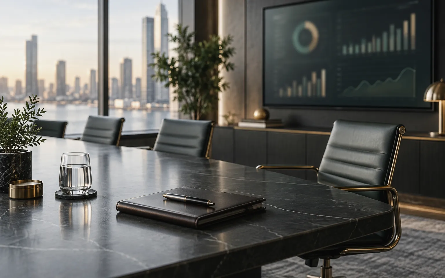 Executive meeting room with financial charts on a wall screen