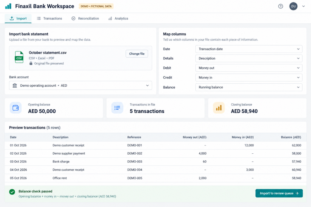Illustrative statement import and mapping screen with five fictional AED transactions