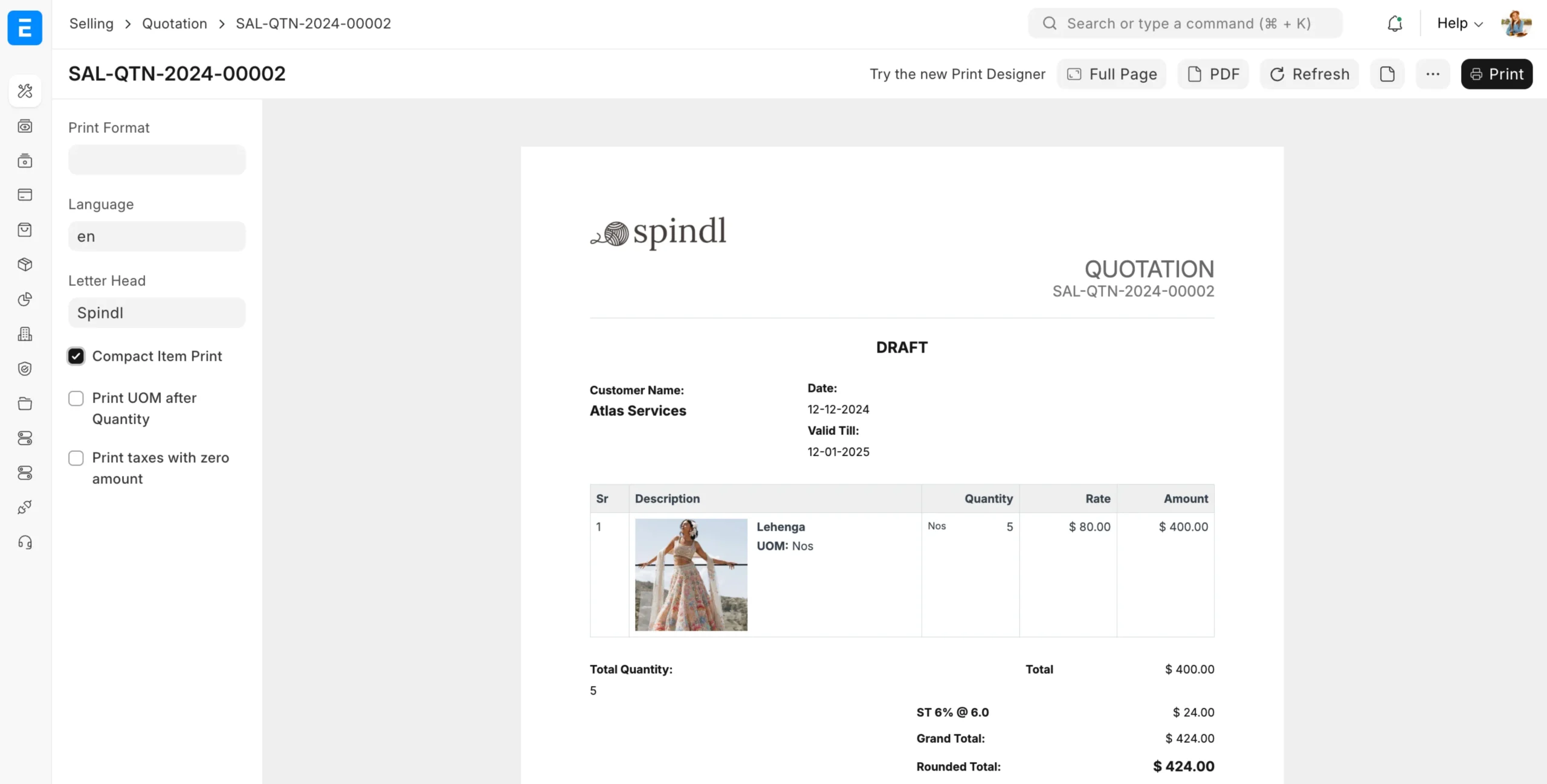 Official ERPNext print-format preview for a quotation