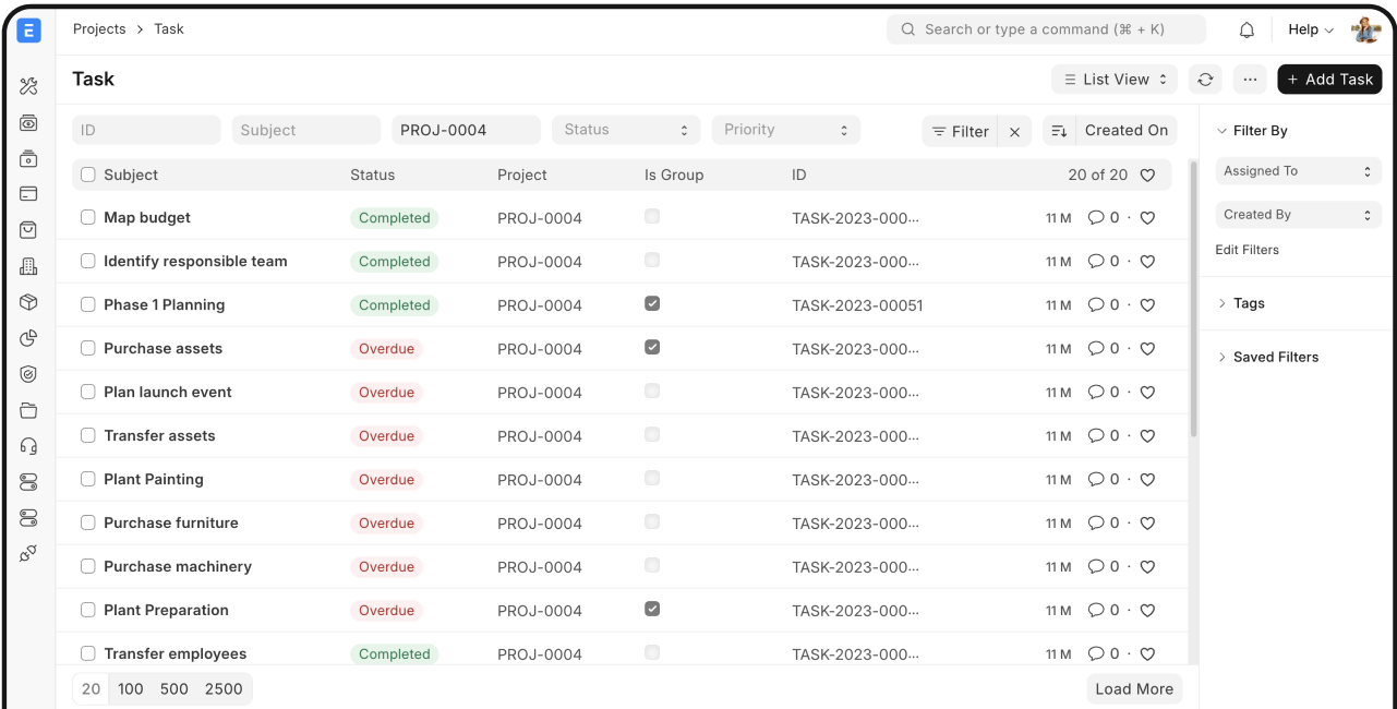 Official ERPNext project task list with subjects, status and priority