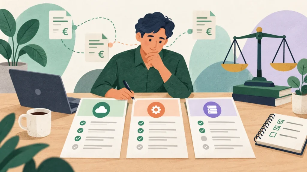 Illustration of an accountant comparing e-invoicing service proposals