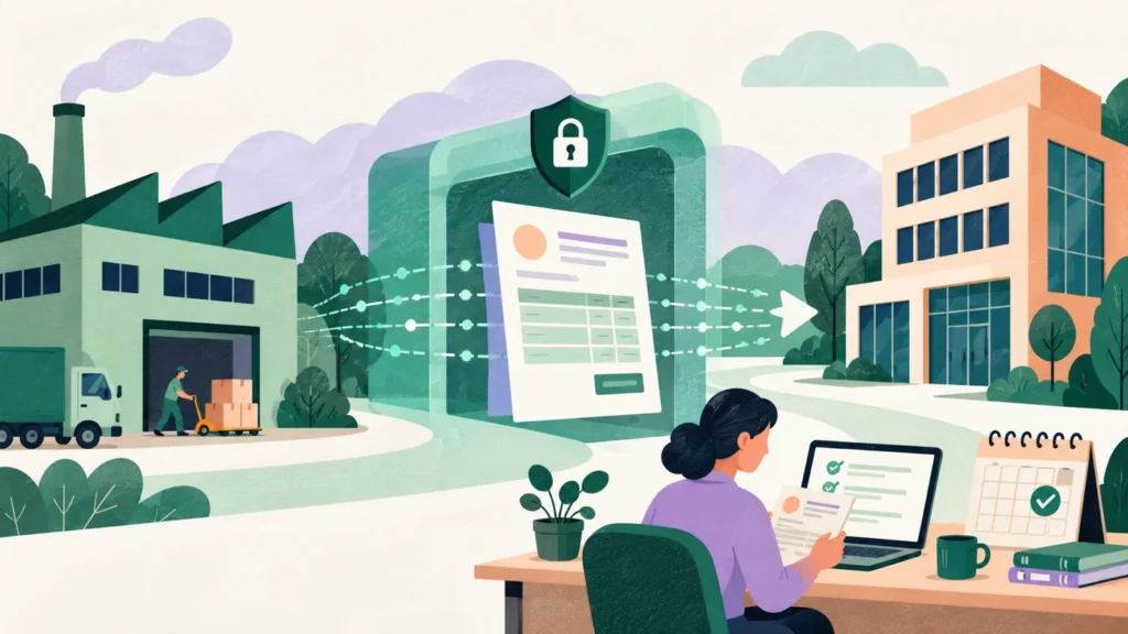 Illustration of a structured digital invoice passing securely between businesses