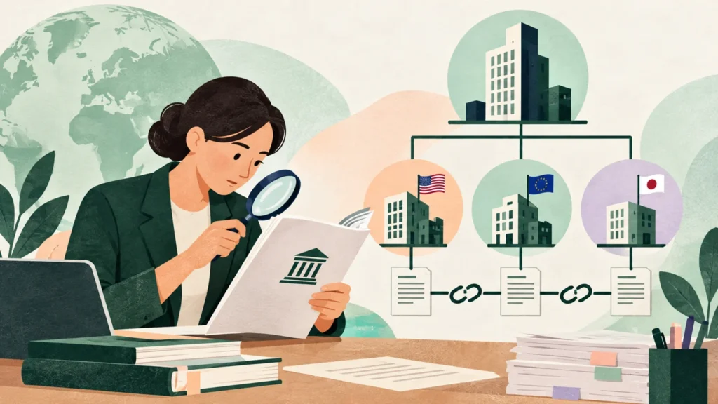 Illustration of a controller reviewing tax guidance and a group ownership structure