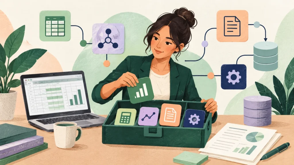 Illustration of a finance professional assembling a practical digital toolkit