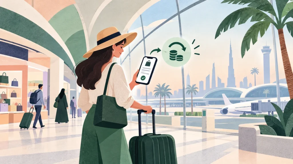 Illustration of a traveller checking a digital receipt at an airport